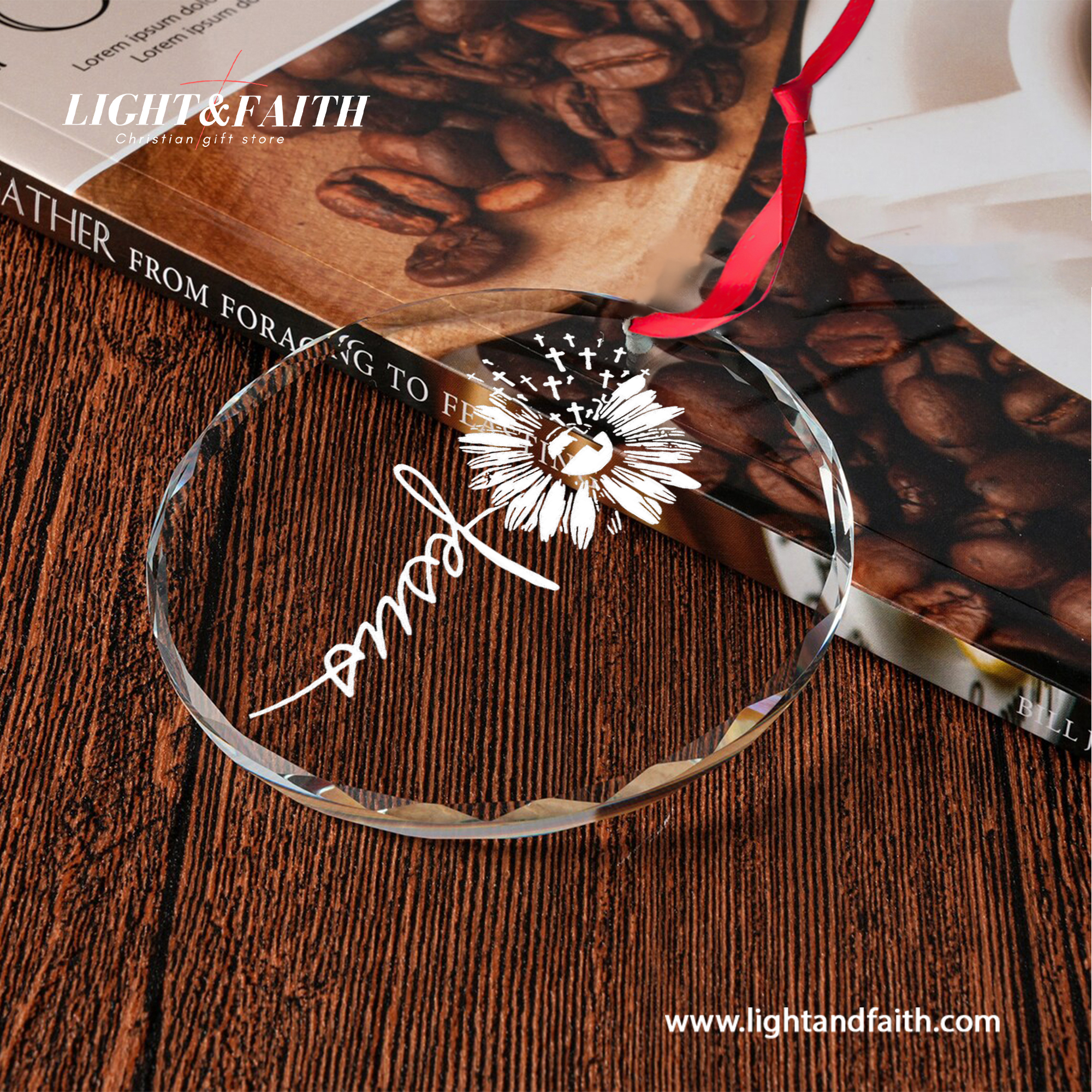 Jesus Sunflower Heart Ornament, Christian Faith Ornament, Religious Glass Decoration, Inspirational Gift for Her, Minimal Cross Christmas Decor DCLAF65